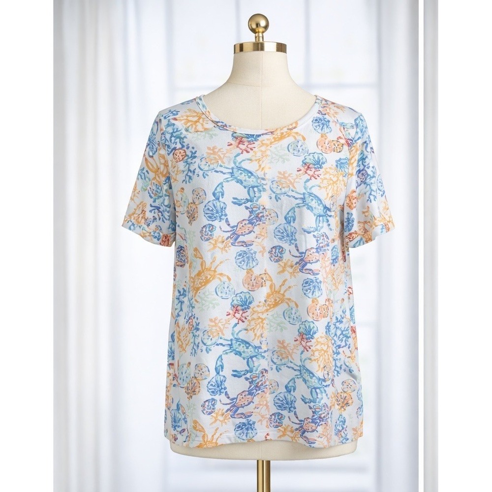 The Talbots Tee Top Cotton Stretch Knit Popover Breathable Beach Print Size 1x